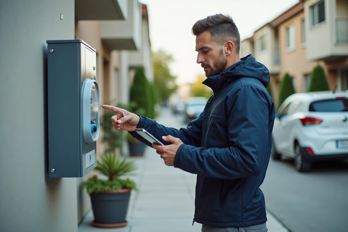 Technicien inspectant un compteur électrique intelligent sur la façade d'un immeuble résidentiel
