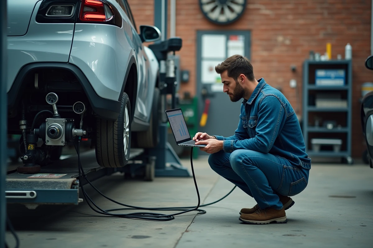 Technicien automobile connectant un câble de diagnostic à un véhicule électrique sur un pont élévateur dans un atelier de réparation moderne