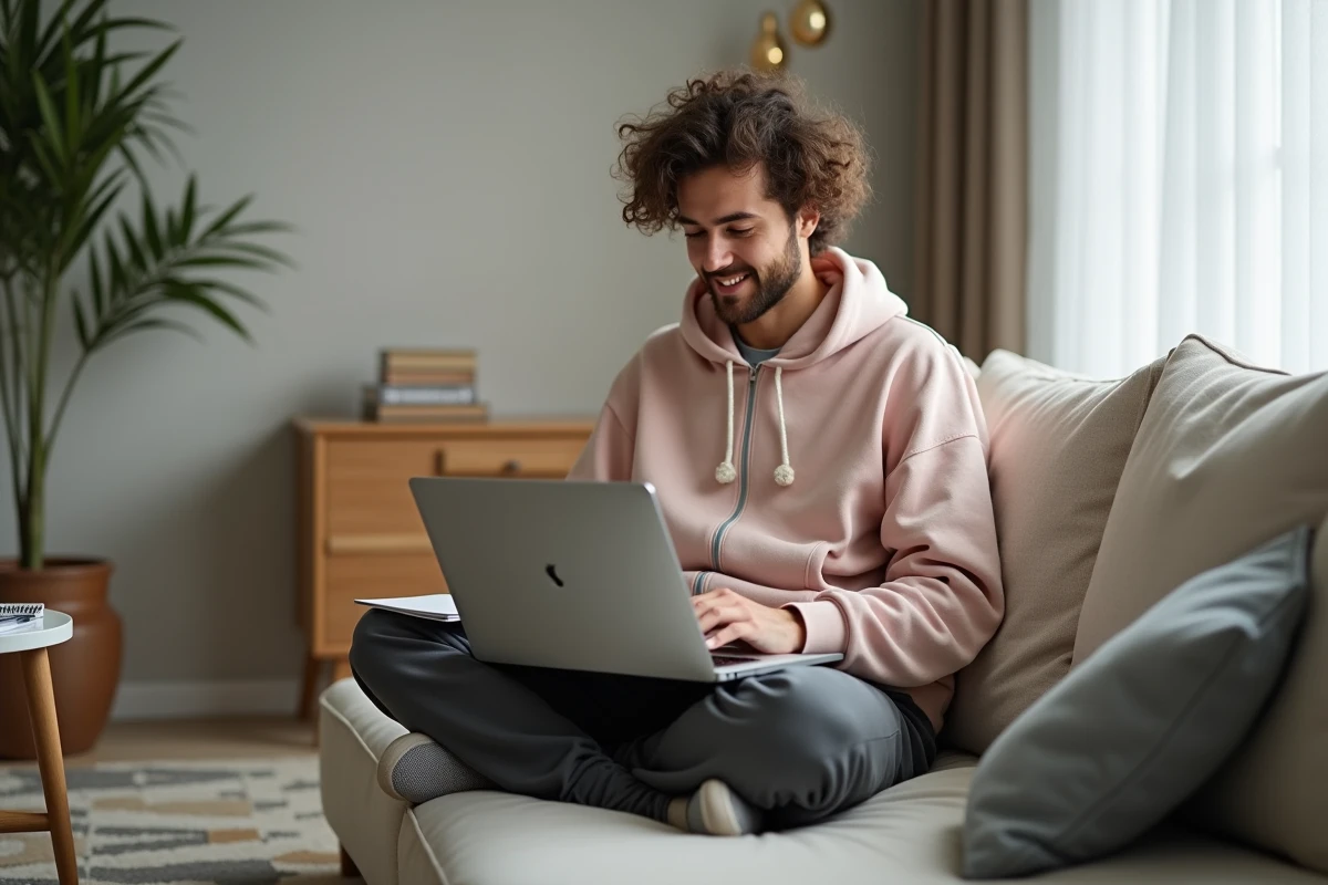 Jeune personne travaillant depuis le canapé à la maison avec un ordinateur portable dans une ambiance décontractée