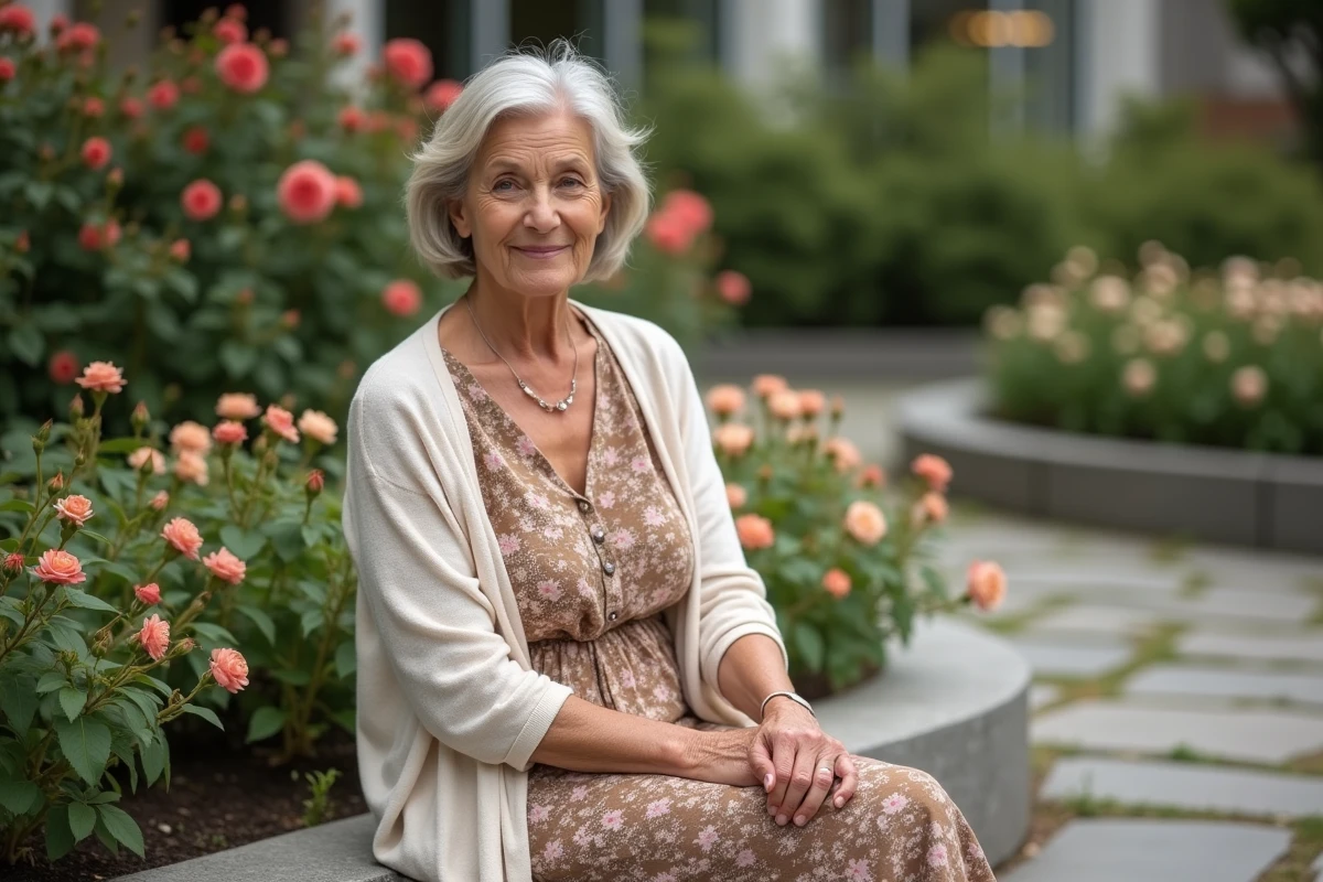 Femme de 70 ans portant une robe midi fleurie et un cardigan en lin dans un jardin urbain