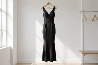 Tenue élégante et ajustée présentée sur un cintre dans un dressing lumineux