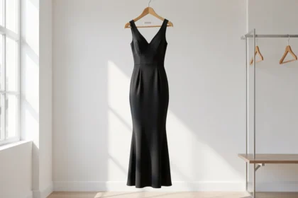 Tenue élégante et ajustée présentée sur un cintre dans un dressing lumineux