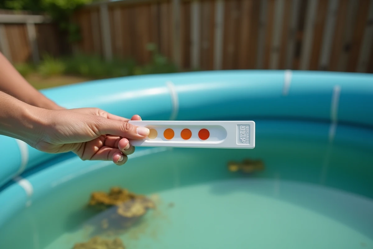 Bandelette de test de qualité de l'eau tenue au-dessus d'une piscine hors-sol avec eau verdâtre et biofilm visible sur les parois