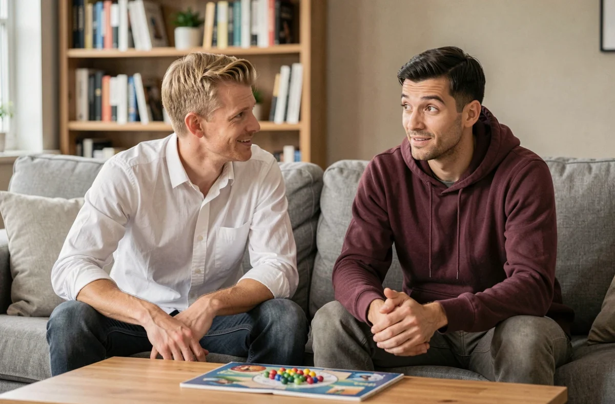 Deux amis hommes dans un salon, l'un réagissant avec surprise amusée à un surnom inattendu lors d'une soirée jeux