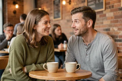 Femme testant un surnom affectueux à un homme dans un café, ambiance détendue et naturelle entre amis ou partenaires