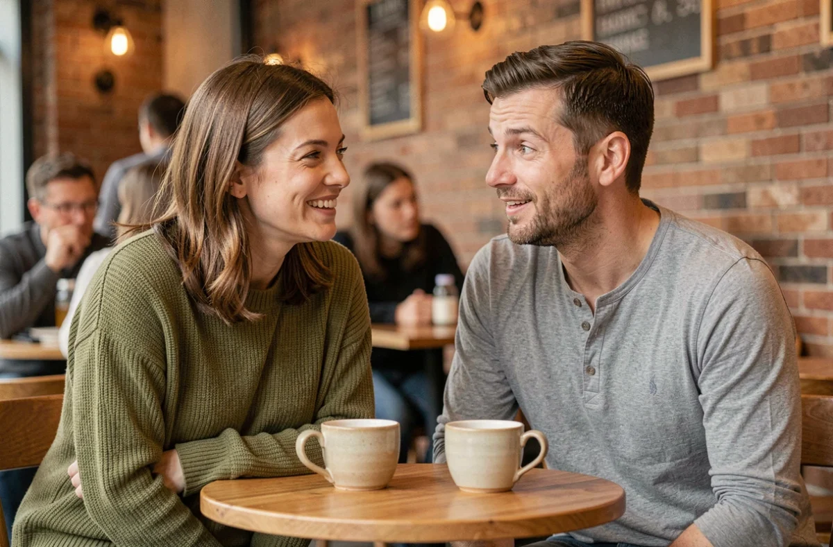 Femme testant un surnom affectueux à un homme dans un café, ambiance détendue et naturelle entre amis ou partenaires