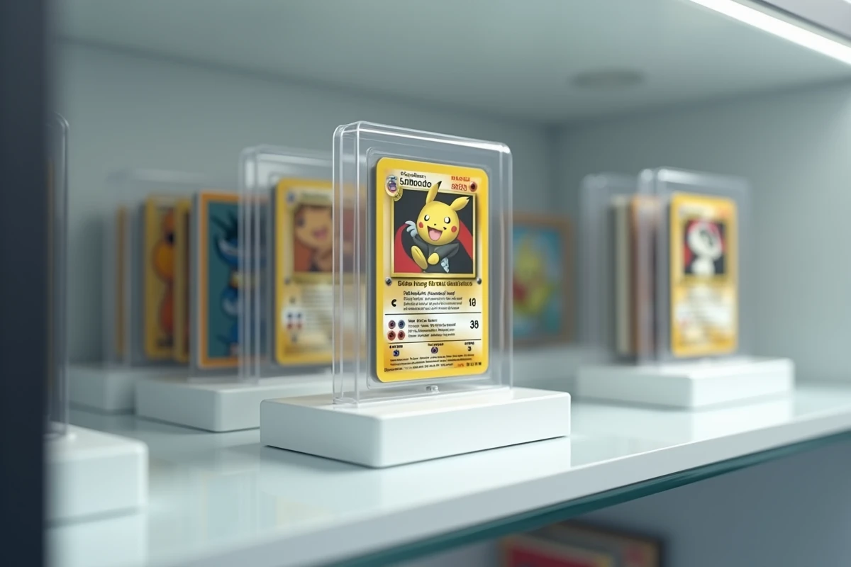 Carte Pokémon rare placée dans un top-loader en plastique rigide exposée sur une étagère en verre dans une vitrine de collectionneur moderne