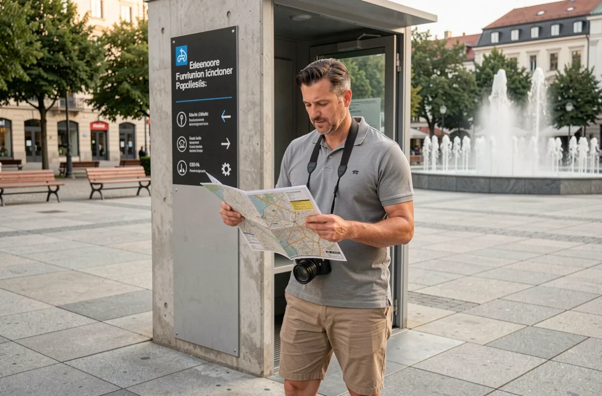 Touriste masculin soulagé devant l'entrée de toilettes publiques dans une place de ville européenne