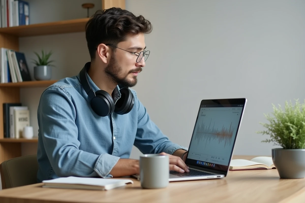 Jeune homme utilisant un logiciel de traduction vocale en direct sur ordinateur portable dans un bureau à domicile