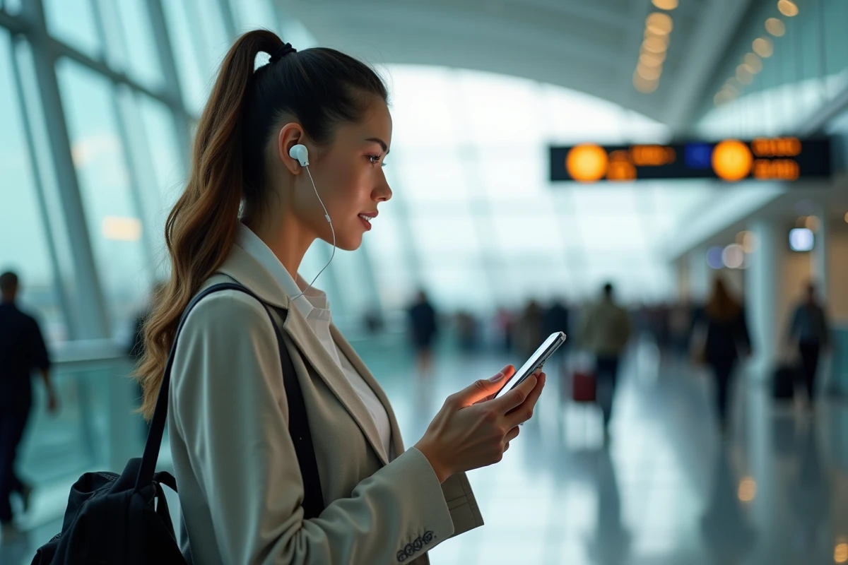 Femme utilisant un traducteur vocal en direct sur smartphone dans un aéroport international
