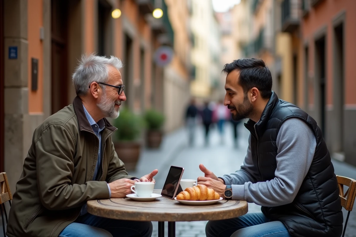 Deux hommes de cultures différentes utilisant une application de traduction vocale en temps réel dans un café en plein air