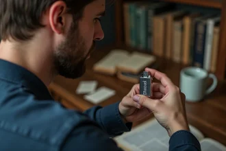 Homme tenant un briquet métallique argenté tout en consultant un dictionnaire anglais-français sur un bureau en bois