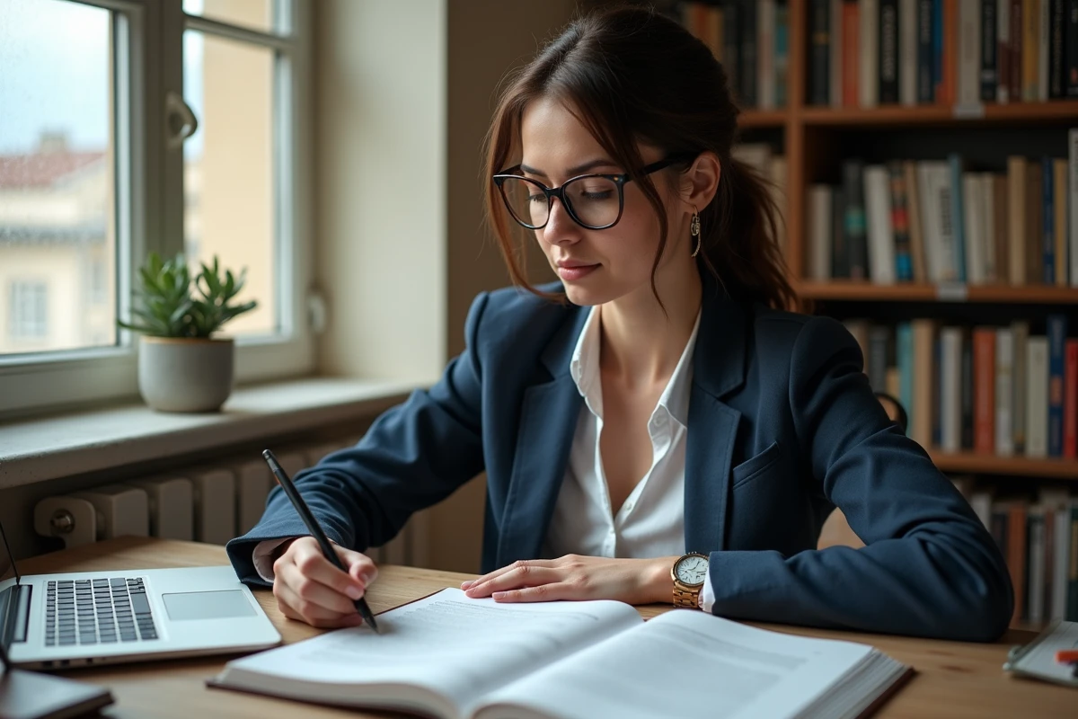 Traductrice professionnelle annotant un texte bilingue à son bureau entouré de dictionnaires et de références linguistiques