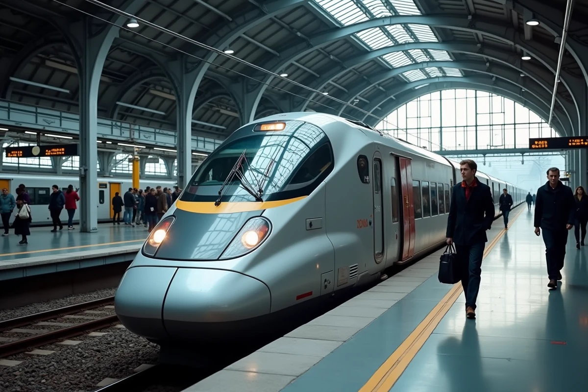 Train à grande vitesse européen en gare moderne avec passagers embarquant sur le quai