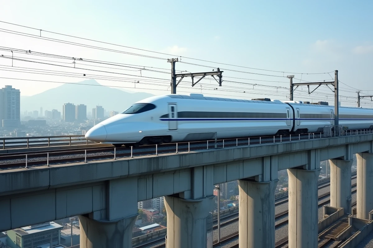Train à grande vitesse Shinkansen traversant un viaduc urbain au Japon avec flou de mouvement