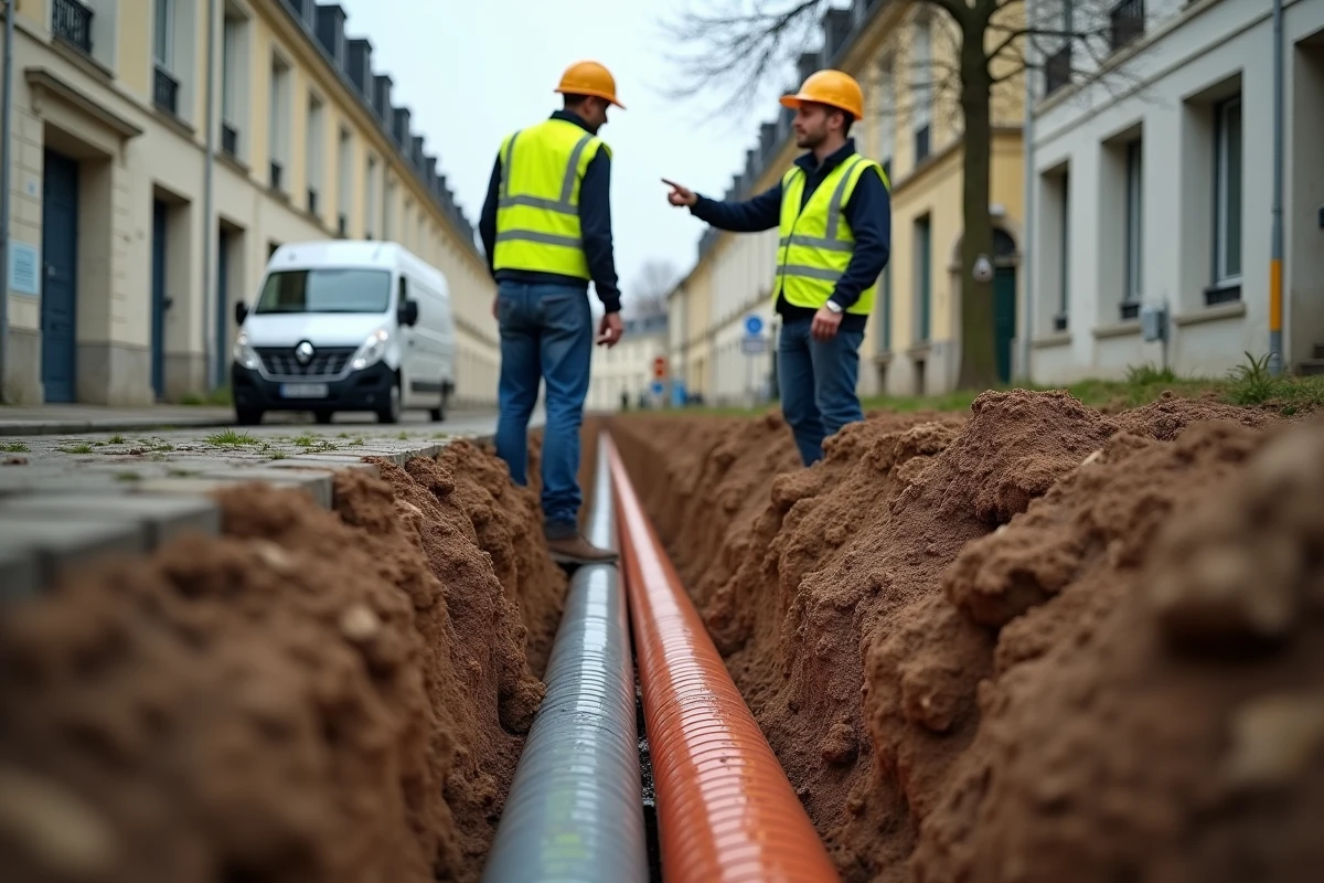 Tranchée urbaine montrant la pose séparée des canalisations d'eaux usées et d'eaux pluviales dans une rue résidentielle française