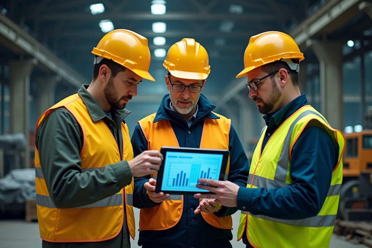 Groupe de travailleurs industriels analysant les données d'impact de leur secteur sur une tablette dans une usine en activité