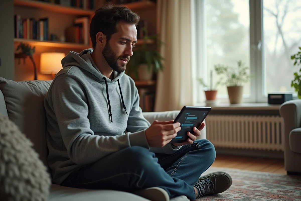 Homme utilisant une interface d'intelligence artificielle conversationnelle sur tablette depuis chez lui