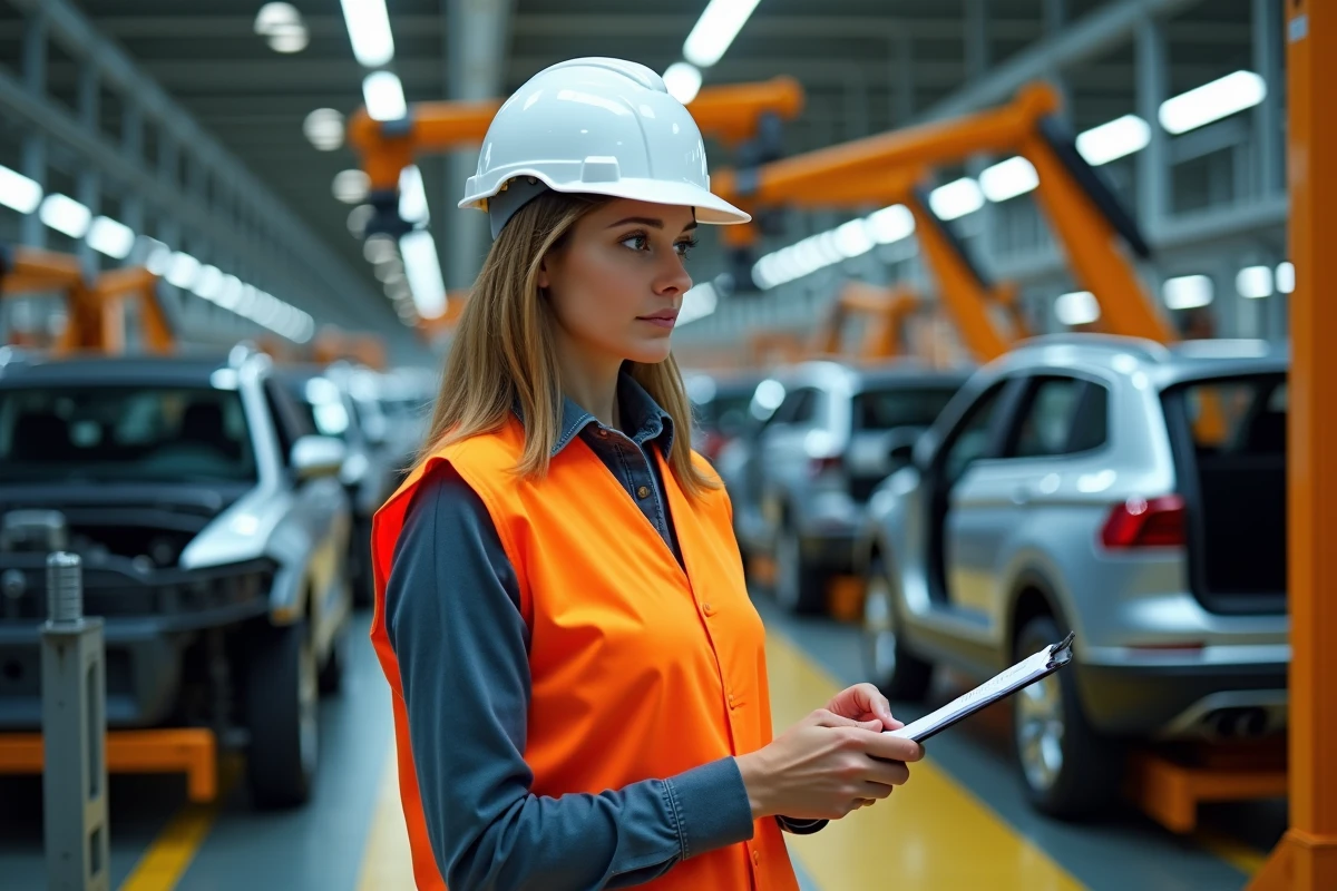 Chaîne de montage Volkswagen avec une ingénieure inspectant un châssis en usine