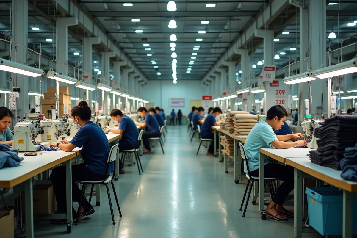 Atelier de confection textile en Asie du Sud-Est illustrant la chaîne d'approvisionnement mondiale de l'industrie de la mode