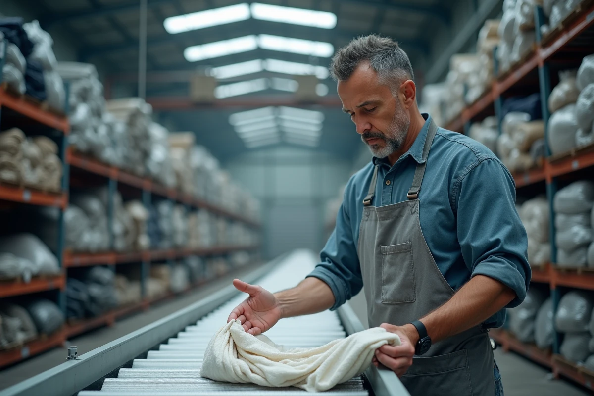 Un ouvrier trie des vêtements recyclés sur un tapis de tri dans une usine de traitement textile industriel, révélant la réalité concrète des filières de recyclage dans la mode circulaire.