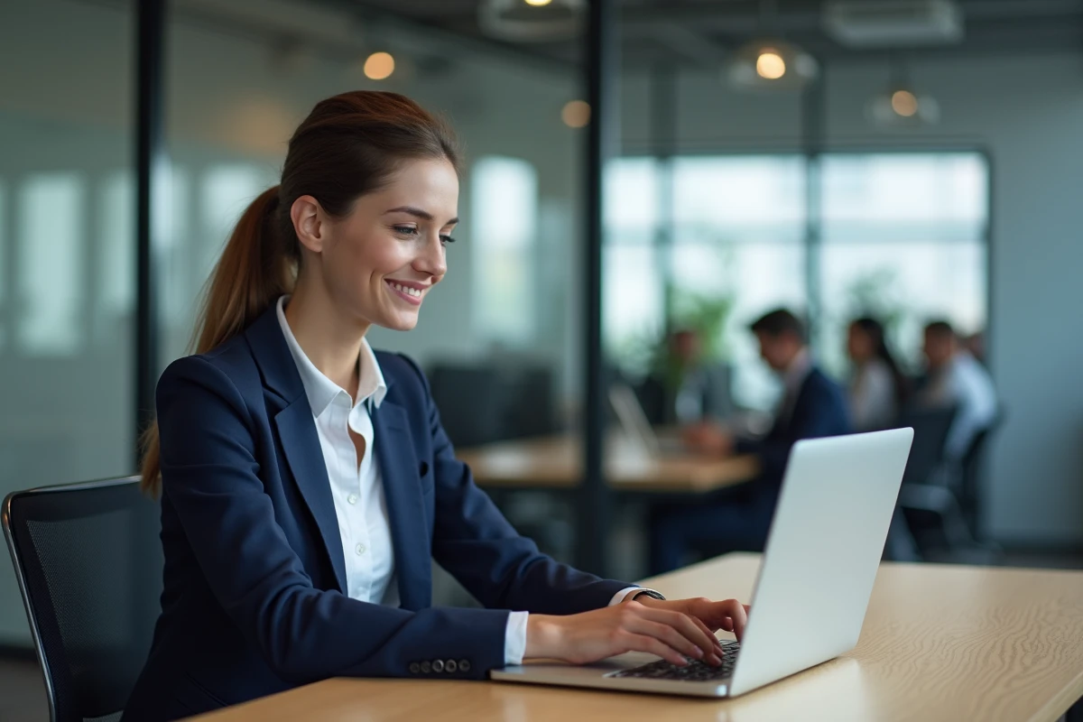 Femme professionnelle utilisant un modèle de langage LLM sur ordinateur portable dans un bureau moderne