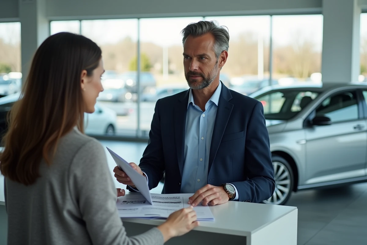 Vendeur automobile professionnel en blazer marine discutant avec des clients dans une concession moderne