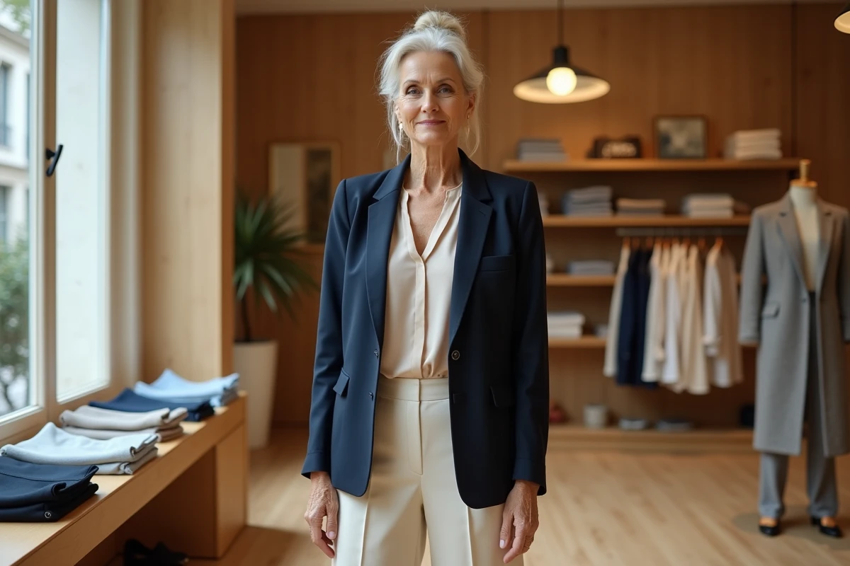 Femme de 70 ans élégamment habillée d'un blazer marine et d'un pantalon droit dans une boutique parisienne