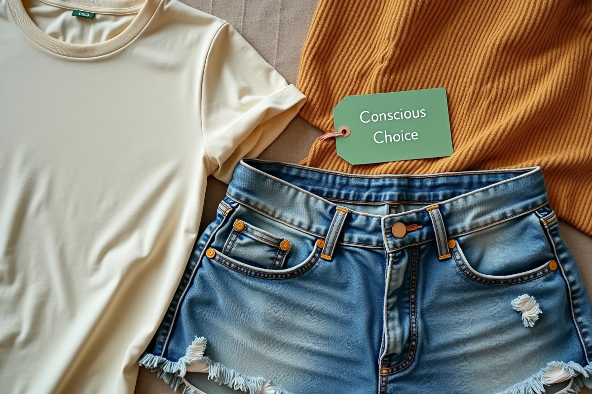 Vue en plongée de vêtements usagés et d'une étiquette Conscious Choice H&M sur du lin naturel, symbolisant les défis de la mode durable et du recyclage textile.