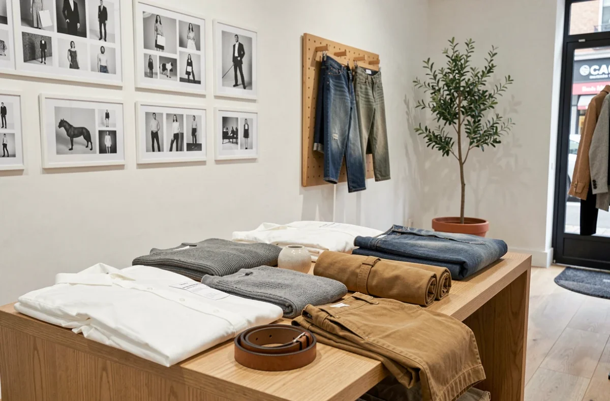 Présentation soignée de vêtements unisexes neutres sur une table en chêne dans une boutique de mode parisienne contemporaine aux murs blancs