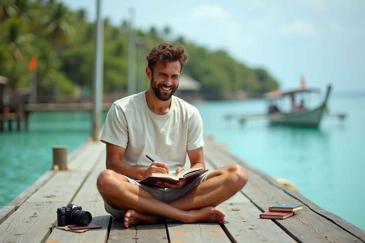Homme de 30 ans écrivant dans un journal de voyage assis sur un ponton en bois au-dessus d'une mer tropicale