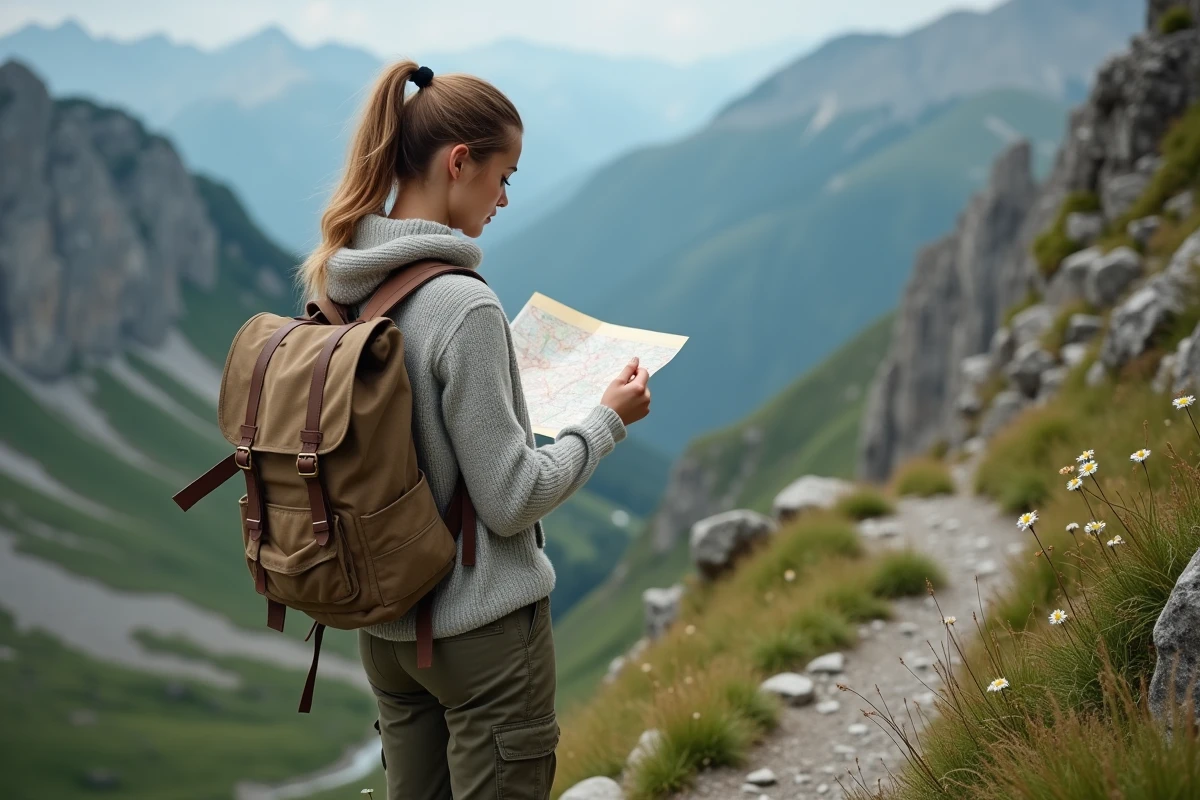 Femme de 30 ans randonneuse avec sac à dos en montagne consultant une carte papier sur un sentier alpin