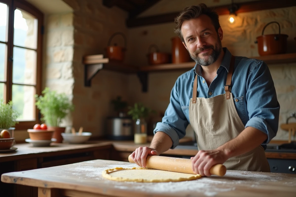 Homme préparant des pâtes fraîches dans une cuisine de ferme toscane pendant un séjour gastronomique en Italie