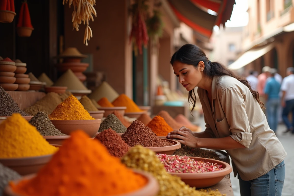 Voyageuse explorant un marché aux épices marocain lors d'un voyage culinaire authentique