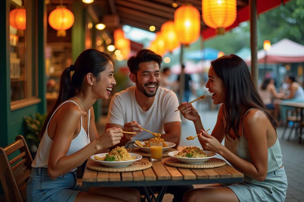 Groupe de voyageurs dégustant des plats de rue thaïlandais dans un marché nocturne lors d'un voyage gastronomique en Asie