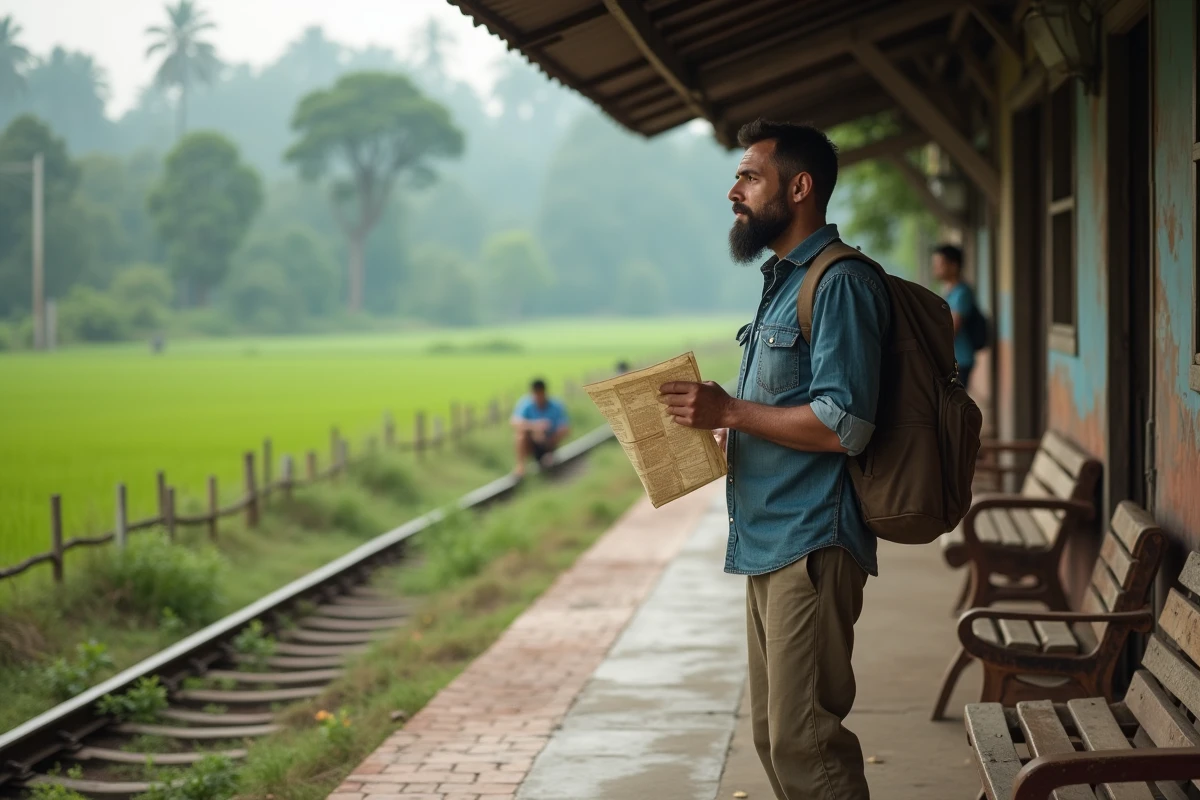 Voyageur lent attendant un train local sur un quai rural en Asie du Sud-Est