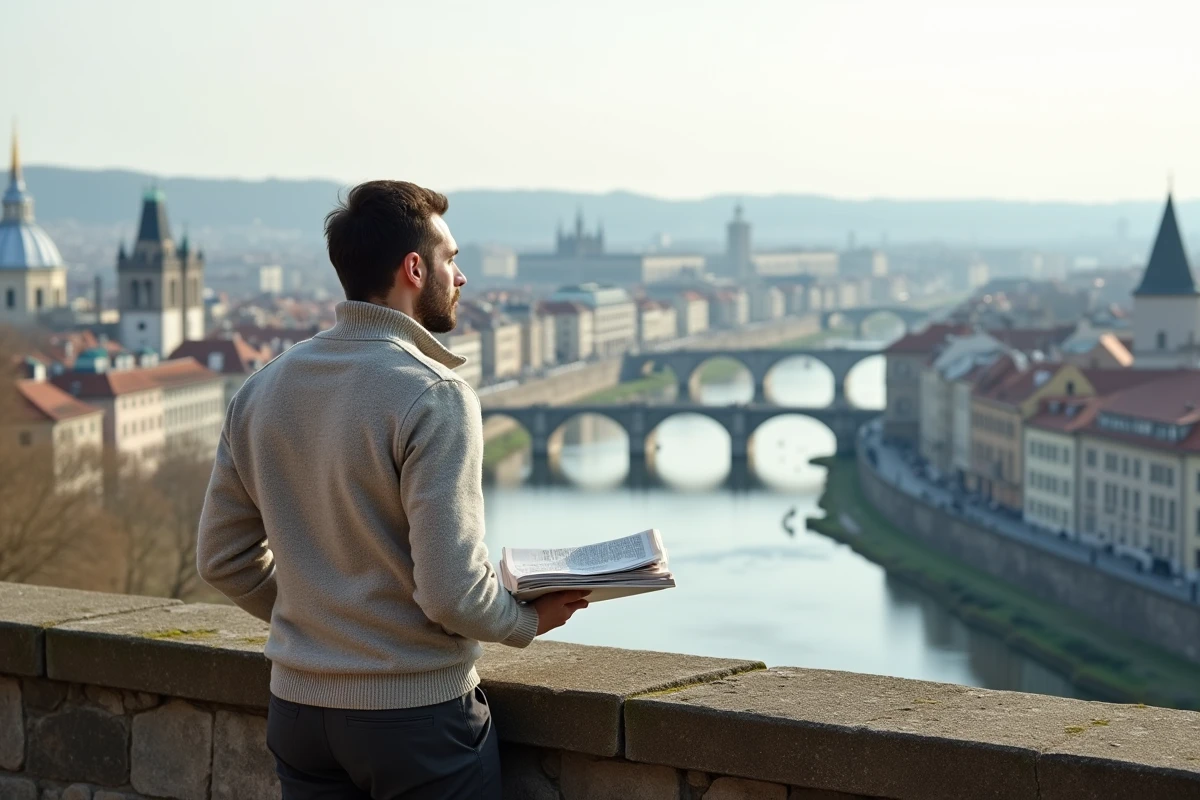 Voyageur contemplant une ville européenne moderne depuis un belvédère, symbolisant les perspectives de vie dans les meilleurs pays du monde en 2026