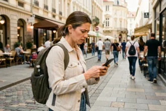 Voyageuse en centre-ville cherchant des toilettes publiques sur son smartphone avec urgence