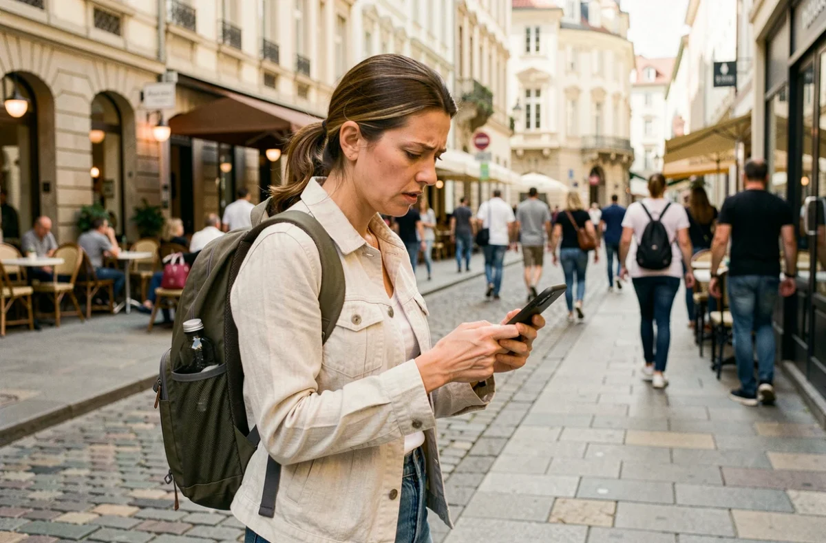 Voyageuse en centre-ville cherchant des toilettes publiques sur son smartphone avec urgence