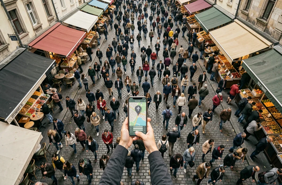 Vue aérienne d'une rue piétonne bondée avec un touriste cherchant des toilettes sur son téléphone