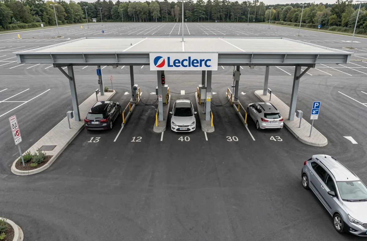 Vue aérienne de la zone de retrait du drive Leclerc de Senlis avec les emplacements numérotés et les voitures en attente