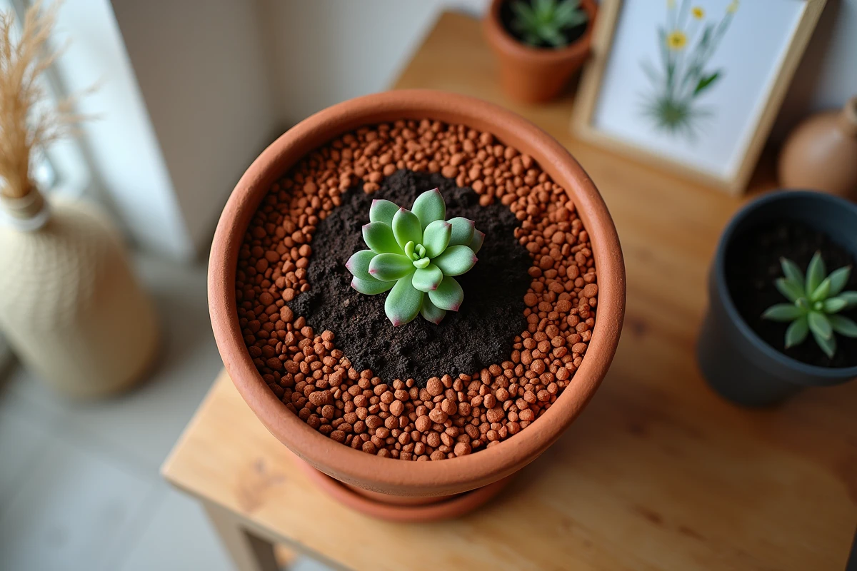 Vue de dessus d'un pot en terre cuite recouvert d'une couche de billes d'argile autour d'une plante succulente